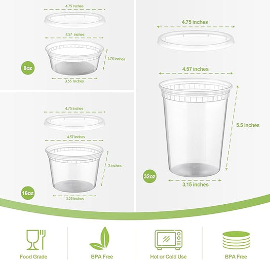 AOZITA 24 Sets Plastic Deli Food Containers With Lids, 8 oz 16oz 32oz Variety pack, Airtight Food Storage Containers, Freezer/Dishwasher/Microwave Safe, Soup Containers For Takeout Food Storage
