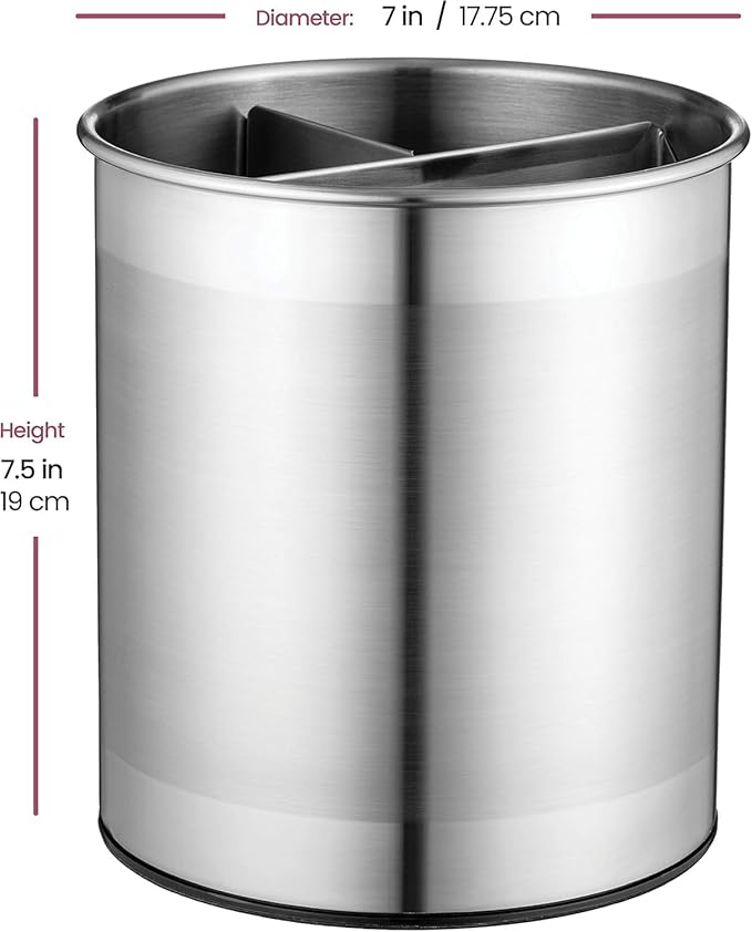 Stainless Steel Rotating Utensil Holder with Weighted Base for Stability, Kitchen Utensil Caddy with Removable Divider, Large Cooking Utensil Holder for Kitchen Counter