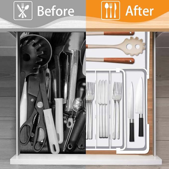 Homecor Silverware Drawer Organizer, Adjustable Kitchen Drawer Organizer, Expands from 4 to 7 Slots, Non-Slip BPA-Free Flatware Cutlery Utensil Holder for Forks Knives Spoons and Kitchen Utensil,White