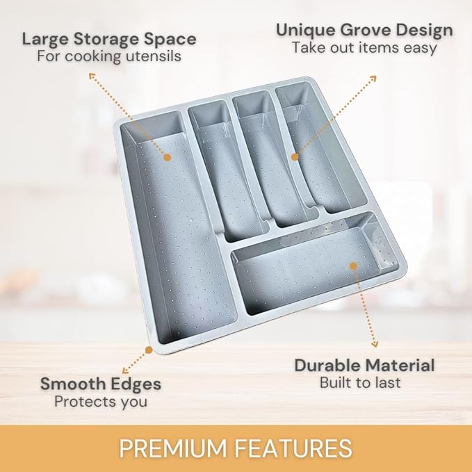Silverware Organizer, Compact Cutlery Organizer, Large Kitchen Drawer Utensil Divider Tray, Holder Spoon Fork Flatware Storage 5 Compartment Wide Plasticware Draw (Grey) 13x14 inch