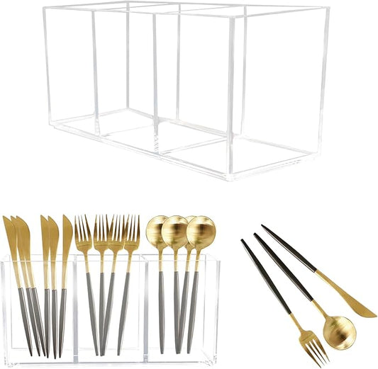 Acrylic Kitchen Utensil Holder, Cutlery Caddy with 3 Sections of Storage, Cutlery Organizer for Forks, Knives and Spoons