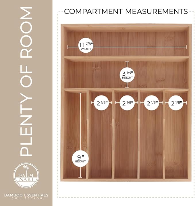 PALM NAKI Silverware Organizer Premium Bamboo Cutlery Organizer Tray - Kitchen Drawer Organizer for Silverware, Utensils - Flatware Organizers - Kitchen Organization (Natural Classic, 7 Slots)