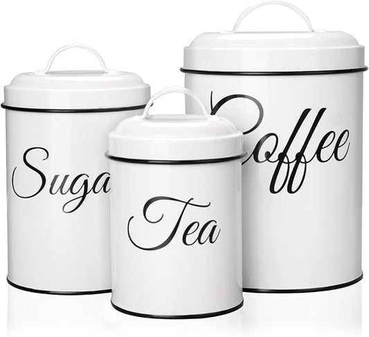 Cibeat Canister Set for Kitchen Counter, Airtight White Vintage Canisters Sets, 3pcs Rustic Farmhouse Kitchen Decor, for Coffee, Flour, Sugar, Tea Storage