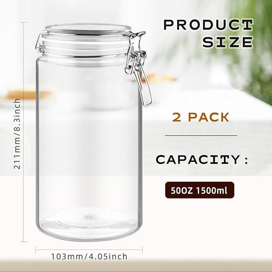 2 Pack 50OZ/1500ml Plastic Storage Containers with Lids Large Plastic Jar with Locking Clamp Acrylic Canisters For Nuts Sugar Coffee Candy Cookie Spices And More