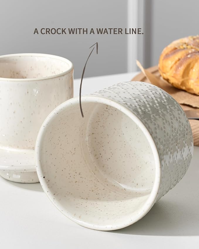 XELA - Ceramic Butter Crock - Butter Dish with Lid for Countertop - Keep Your Butter Perfectly Spreadable 24/7 - Embossed - Speckled White