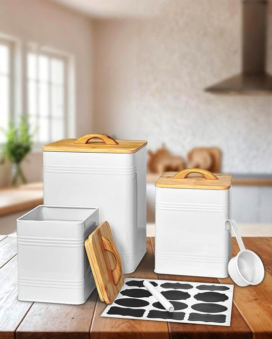 vensovo Kitchen Canisters Set of 3 – White Metal Airtight Food Storage Jars with Lids – Farmhouse Flour and Sugar Containers for Kitchen Countertop & Pantry