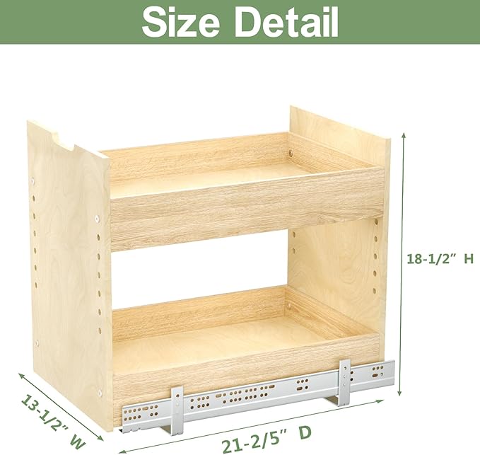 LOVMOR Adjustable Pull Out Cabinet Organizer 13½” W x 18½”H 2-Tier Narrow Cabinet Drawers Slide Out with Soft Close Wood Spice Rack for Narrow Cabinet
