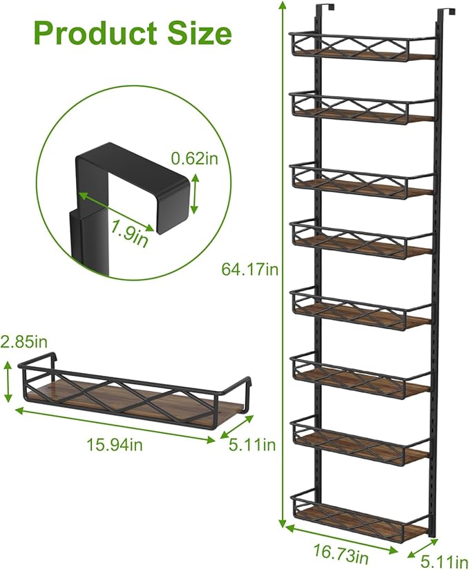 Over The Door Pantry Organizer, 8-Tier Wood & Metal Over The Door Organizer with Adjustable Basket, Hanging Spice Rack, Door Organization and Storage for Kitchen Pantry Door Cabinet, Black