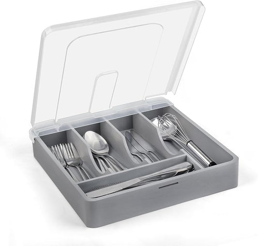 Utensil Holder for Countertop with Lid, Plastic Silverware Tray for Drawer, 5 Compartments Flatware Organizer, Gray