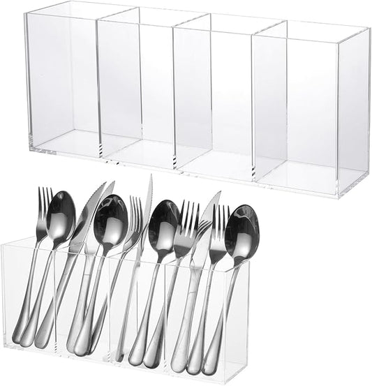 Rainmae Acrylic Cutlery Storage Organizer with 4 Section, Cutlery Utensil Holder Storage Organizer Caddy for Kitchen Countertop Dining Room Home Desk Party Table - Holds Fork, Knife, Spoon, Silverware