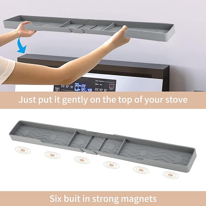 Silicone Stove Top Shelf 30" Magnetic Spice Rack Organizer Over the Stove Top for Kitchen for Curved Stove Oven Top Spice Rack Heat Insulation Non-slip (Gray)