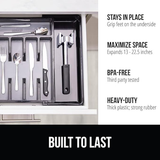 GORILLA GRIP Expandable Rubber Lined Silverware Organizer for Kitchen Drawers, Grip Feet to Stay in Place, Utensil Drawer Tray, Maximize Flatware Storage, BPA-Free Adjustable Cutlery Holder, Black