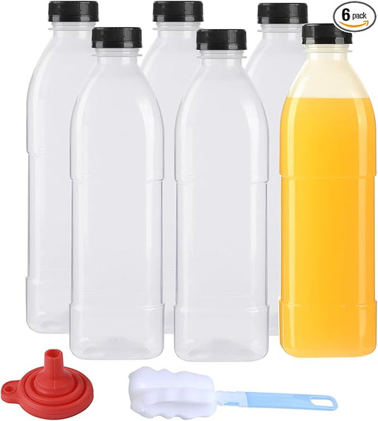 6 Pack 32 oz PP Heat-Resistant Plastic Juice Bottles With Caps-Plastic Smoothie Bottles-Reusable Bulk Beverage Containers with Lids For Juicing, Milk(Dishwasher Safe)