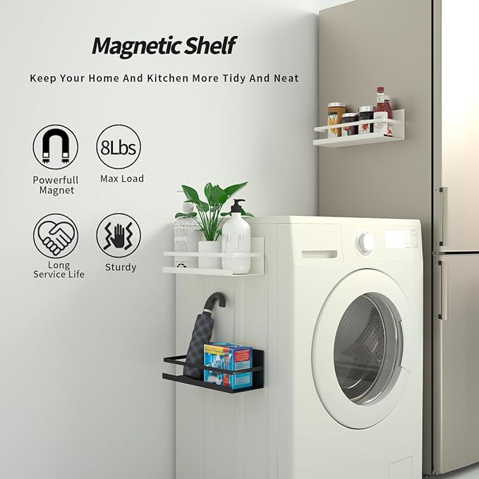 2 Pack Magnetic Spice Rack for Refrigerator,Heave Duty Magnetic Shelf For Kitchen,Magnet Book Shelf For Whiteboard,Space Container,Drill free (Black)