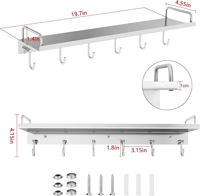 Kitchen Utensil Rack, 19.7 inch Spice Rack with 6 Hooks Wall Mount, Over the Stove Shelf, Stainless Steel, Hanging Storage Wall Shelf for Spatula Spoon, Seasoning Jar Organizer