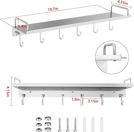 Kitchen Utensil Rack, 19.7 inch Spice Rack with 6 Hooks Wall Mount, Over the Stove Shelf, Stainless Steel, Hanging Storage Wall Shelf for Spatula Spoon, Seasoning Jar Organizer