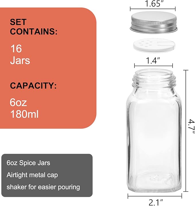 16 Pack 6 oz Glass Spice Jars with 80 Black Labels,180ml Empty Square Spice Containers Seasoning Bottles with Silver Caps and Shaker Lids for Kitchen Storage(Chalk Marker,Funnel and Brush include)