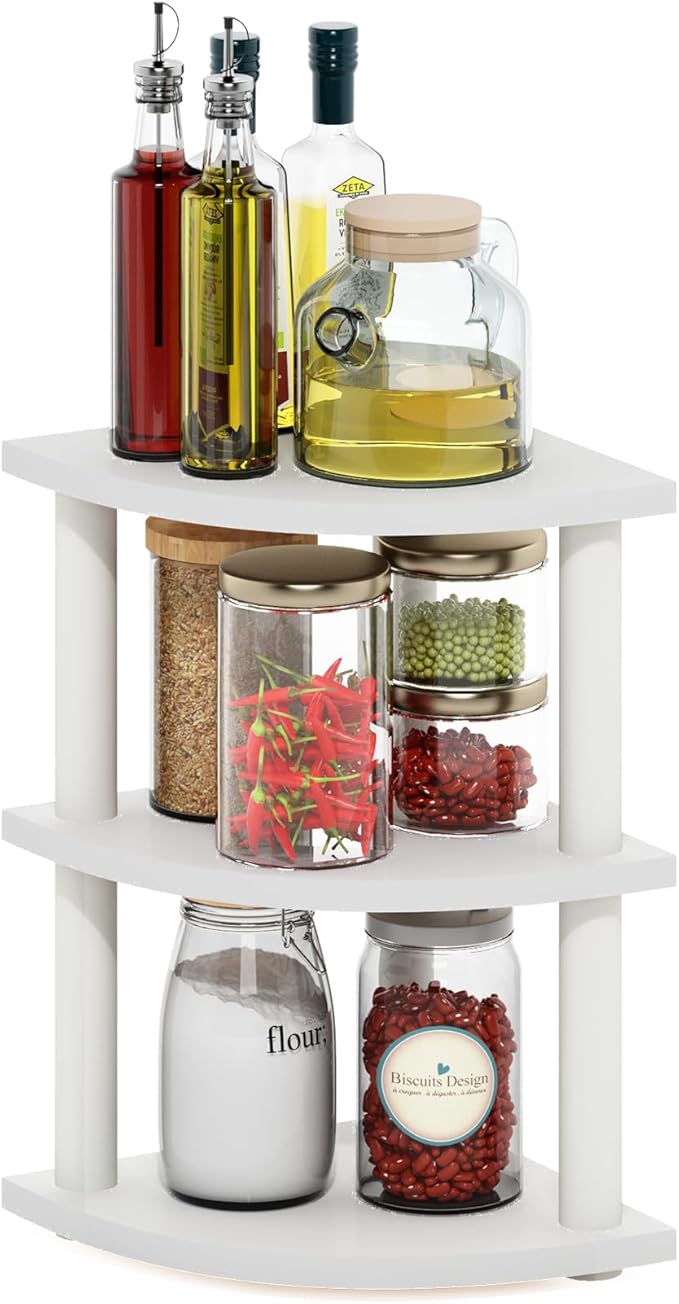 Furinno Turn-N-Tube 3-Tier Corner Countertop Organizer Shelf, White/White