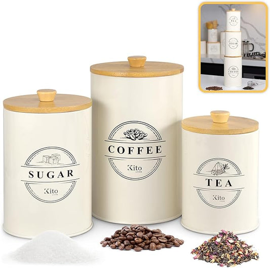 Canisters Sets for Kitchen Counter Storage and Organization with Wooden Bamboo Lids, Food Pantry Containers, Stackable Steel Storage Bins, Airtight Sugar Tea Coffee Canisters - Cream