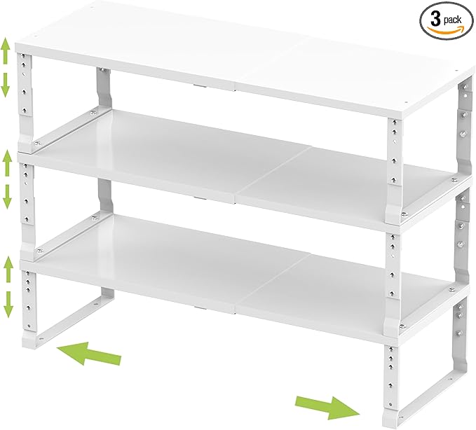 Expandable Stackable Spice Rack Organizer for Kitchen Cabinet,Adjustable Counter Shelf, countertop, Pantry,Cupboard,Bathroom,Bedroom(3Packs/White/Large)
