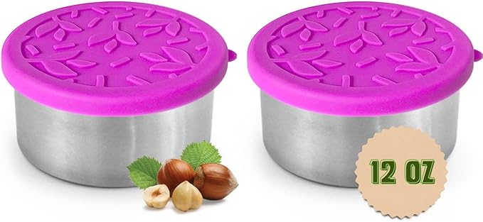 2 X 12 oz Containers with Lids - Leakproof w/Silicone Lids - BPA Free - Dishwasher & Freezer Safe - Portable & Reusable - Stainless Steel Snack Containers 12oz