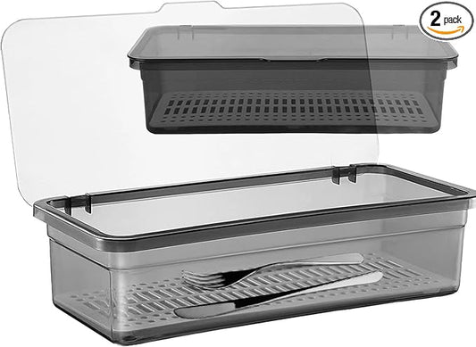 2PCS Flatware Tray with Lid and Drainer, Tableware Utensil and Cutlery Drawer Organizer with Lid Covered Silverware Tray to Keeps Your Cutlery Organized and Protected,Grey