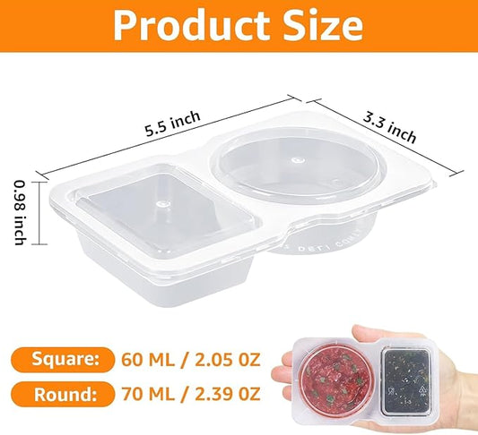 15-Pack Reusable Double Compartment Condiment Containers with Lids - Leak-Proof 2-Section Disposable Snack Cups for Sauce, Dips, Sampling & Travel Portions