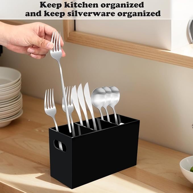 Acrylic Silverware Caddy Countertop, 3-Compartment Flatware Holder, Plasticware Fork Spoon Knife Organizer, Cutlery Caddy with Handles, Utensil Holder for Party Buffet Dining Room