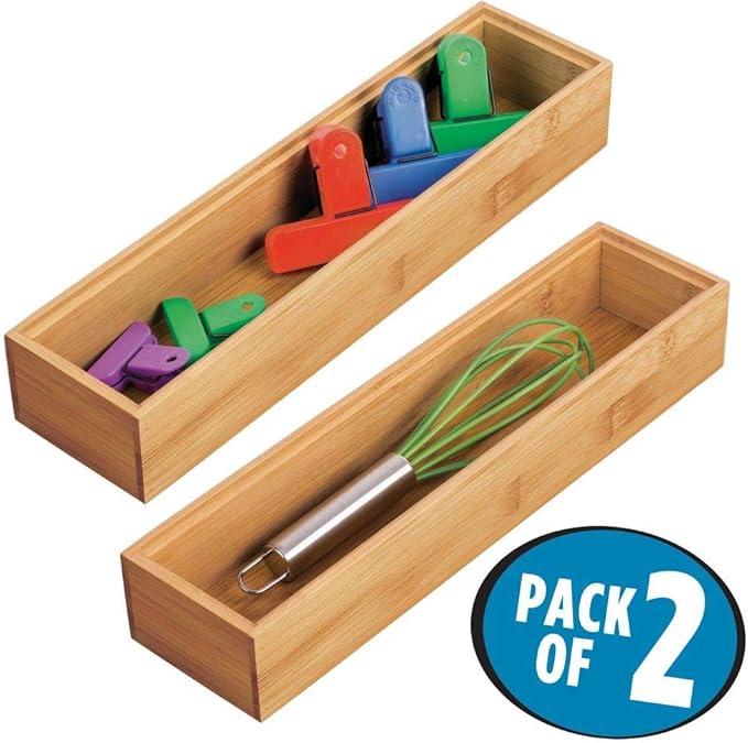 mDesign Slim Wooden Bamboo Drawer Organizer - 12" Long Stackable Storage Box Tray for Kitchen Drawers/Cabinet - Utensil, Silverware, Spatula, Flatware Holder - Echo Collection, 2 Pack, Natural Wood