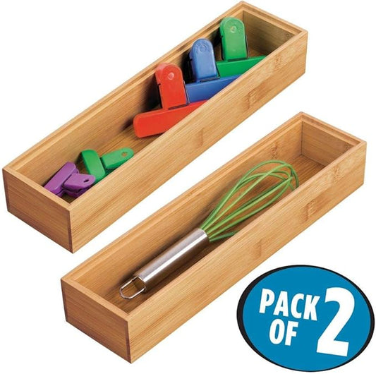 mDesign Slim Wooden Bamboo Drawer Organizer - 12" Long Stackable Storage Box Tray for Kitchen Drawers/Cabinet - Utensil, Silverware, Spatula, Flatware Holder - Echo Collection, 2 Pack, Natural Wood