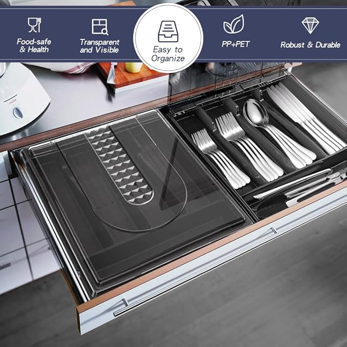 Kitchen Utensil Organizer Holder for Countertop with Removable Lid, Plastic 13 Inch Silverware Tray for Drawer,5 Compartments/Slots Total Flatware Organizer,Portable Cutlery Knives,Forks,Spoons Black