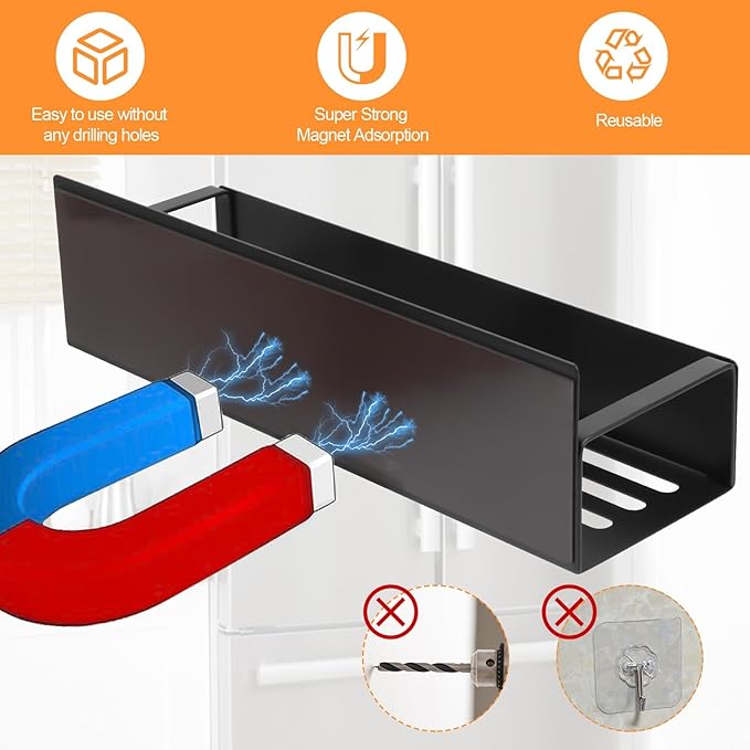 Magnetic Spice Rack for Refrigerator, Magnetic Refrigerator Organizer, 3 Pack Metal Black Magnetic Shelf with Paper Towel Holder, Rustproof Side Fridge Storage Rack for Kitchen with 4 small hooks