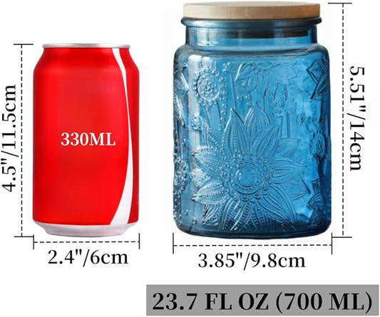 ANSQU 23.7 FL OZ Blue Glass Jars, 2 Pack Vintage Glass Kitchen Storage Counter Jar, Candy Jars with Lids, Mason Jar Hold Coffee Beans, Tea, Cookie, Sugar, Bath Salts & More (Blue, 2 Pack)