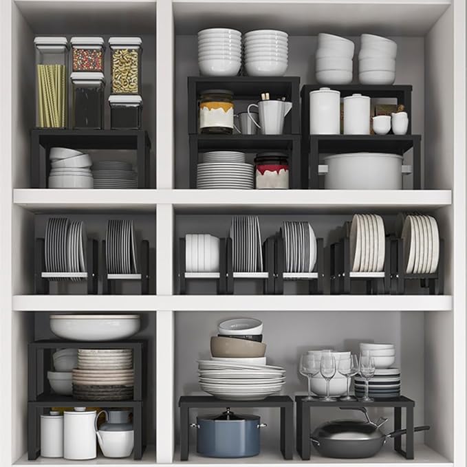 Stackable Cabinet Shelf Organizer Counter Storage Spice Rack Metal Space Saving for Kitchen Pantry Cupboard Countertop Bathroom Bedroom Under Sink Office, Black - Small