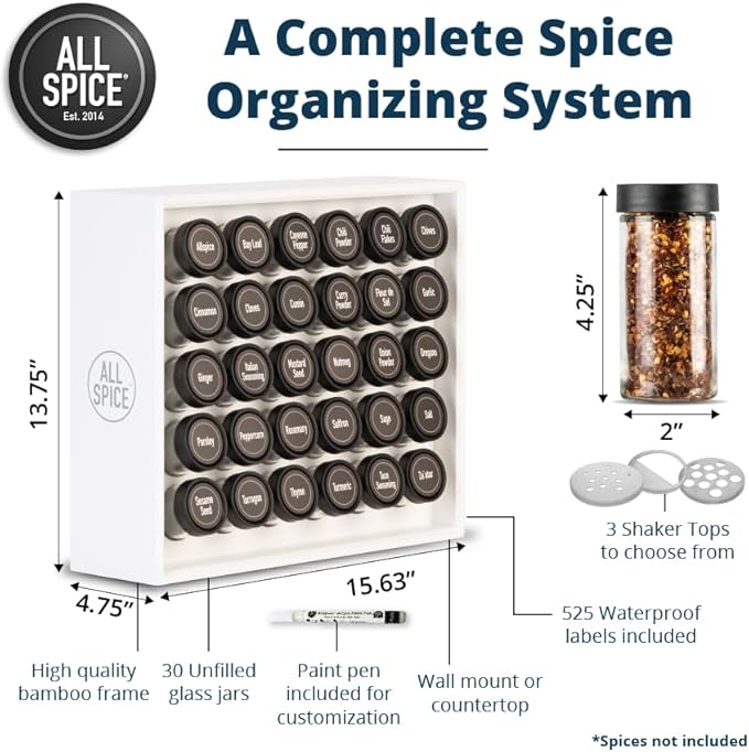 AllSpice Wood Spice Rack Organizer, 525 Unique Labels, Countertop or Wall Mount, Includes 30 4oz Jars- Matte White