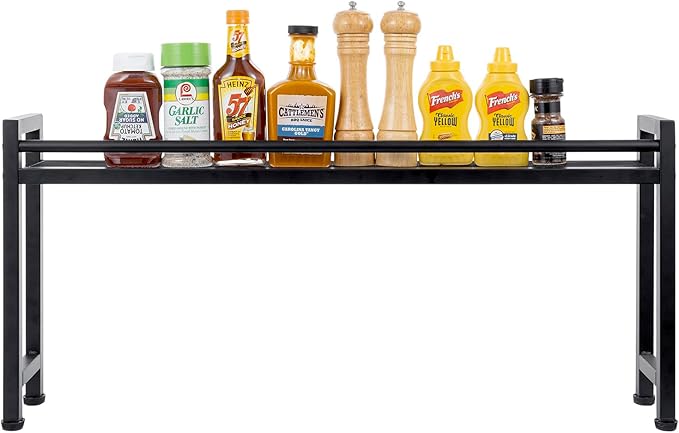 MyGift 33 Inch Wide Over The Stove Top Spice Shelf, Industrial Black Metal Stovetop Range Display Rack, Space Saving Kitchen Counter Storage Organizer Stand