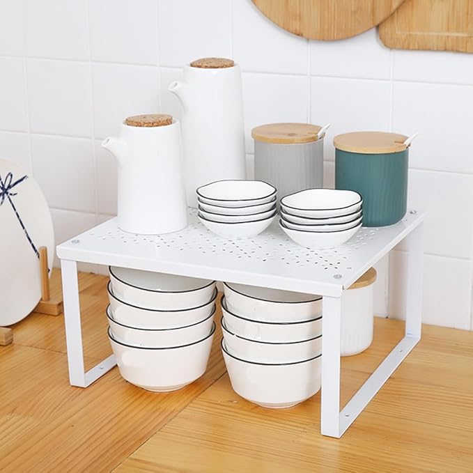 Kitchen Cabinet Shelf Organizer Stackable Counter Spice Storage Rack Metal Space Saver for Pantry Cupboard Countertop Bathroom Under Sink Office, White - Large
