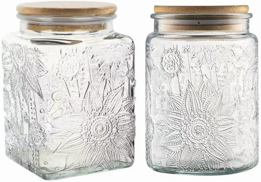 Vintage Glass Jar Canister, 25.3 OZ Glass Food Storage, Decorative Sunflower Jar for Coffee, Tea, Candy & Sugar