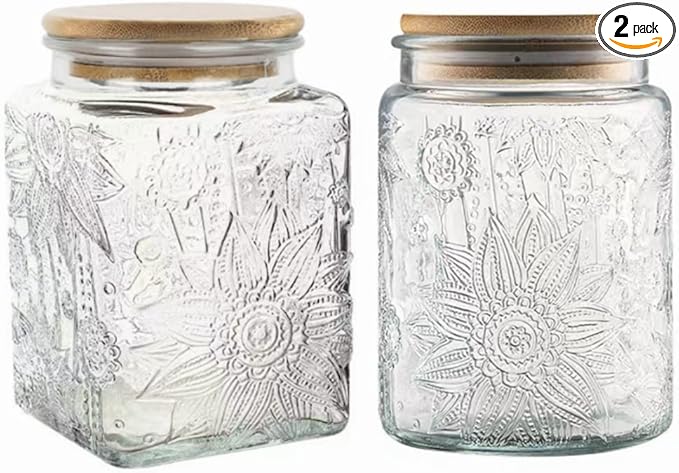 ANSQU Set of 2 Vintage Glass Storage Jars, Glass Food Storage Containers(25.3oz/23.7oz), Candy Jars with Lids for Kitchen Coffee, Tea, Cookie, Sugar, Bath Salts, Cute Jar