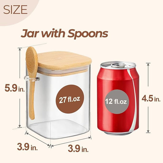 ComSaf 27oz Glass Jars with Bamboo Lids & Spoons Set of 4, Square Glass Containers with Lids, Sugar Coffee Containers Salt Spice Jars, Pantry Storage Container for Loose Tea, Candy, Brown Sugar, Nuts