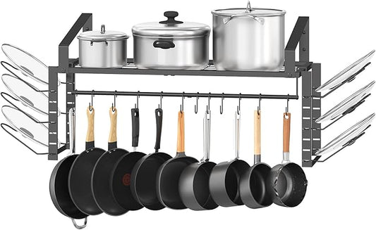 X-cosrack Hanging Pot Rack,Wall Mounted Pot and Pan Organizer with 12 S Hooks,Pot Hangers for Kitchen,Pots Pans Lids Organizer Cookware Hanging Shelves,Equipped with Anti-drop Enlarged Expansion Plugs