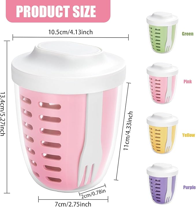 20oz Fruit Salad Storage Cup with Lids and Fork, Reusable Plastic Fruit Storage Containers for fridge with Drain Baskets, BPA-Free & Leak-Proof, Keep Fruits, Vegetables Fresh Longer (Pink)