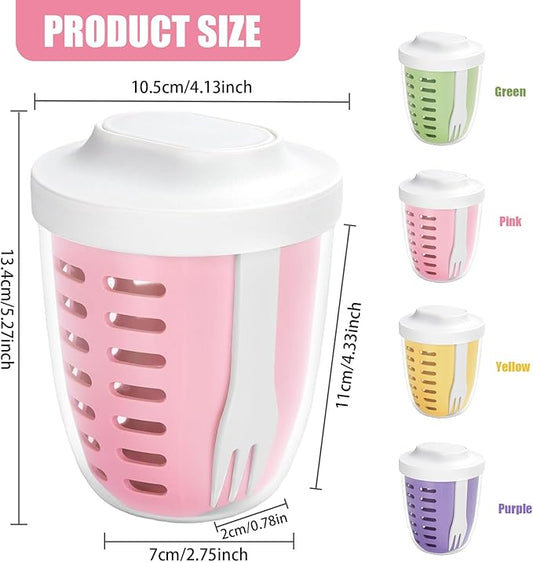 20oz Fruit Salad Storage Cup with Lids and Fork, Reusable Plastic Fruit Storage Containers for fridge with Drain Baskets, BPA-Free & Leak-Proof, Keep Fruits, Vegetables Fresh Longer (Pink)