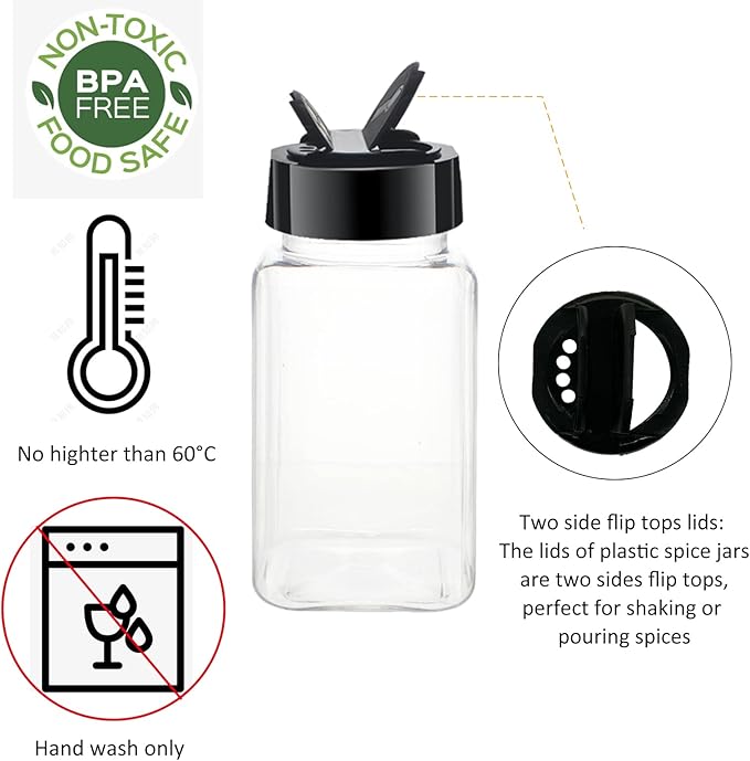 12 Pack 4oz Clear Plastic Spice Jars With Black Plastic Lids, Square Spice Bottles, Seasoning Containers with Chalk Labels, Pen, Funnel, Spice Containers For Kitchen Cabinet