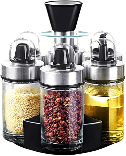 Mlici 6pc Rotating Glass Spice Jars with Base, Oil Vinegar Dispenser Set for Kitchen Countertop Storage, Space-Saving Seasoning Containers for Salt, Pepper and Olive Oil