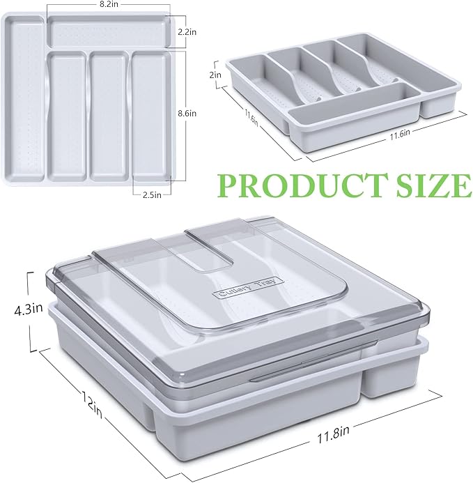 2 Layer Large Silverware Tray with Lid,Stackable Utensil Organizer for Countertop,Removable Tray for Flatware Organizer, White