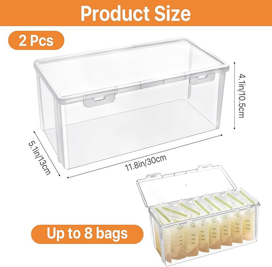 2 Pcs Storage Tower for Breastmilk Storage Bag, Resuable Plastic Milk Storage Containers for Fridge, Clear Refrigerator Organizer and Storage, Freezer Organizer Bins for Kitchen, Bath, Closet