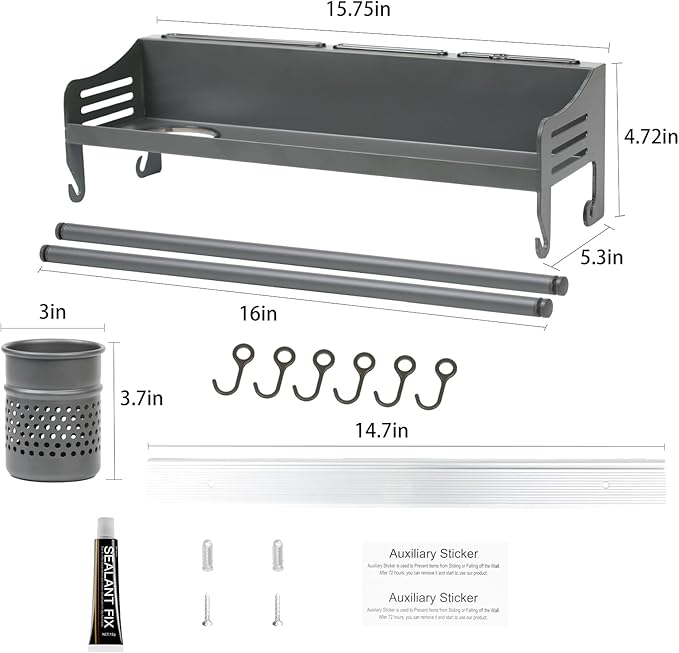 Wall Mounted Spice Rack, Hanging Spice Rack with Hooks - Kitchen Utensil Organizer for Spatulas, Spoons, And Seasoning Jars - Space Saving Solutions for the Kitchen (40CM)