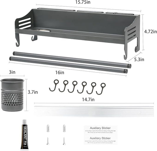 Wall Mounted Spice Rack, Hanging Spice Rack with Hooks - Kitchen Utensil Organizer for Spatulas, Spoons, And Seasoning Jars - Space Saving Solutions for the Kitchen (40CM)