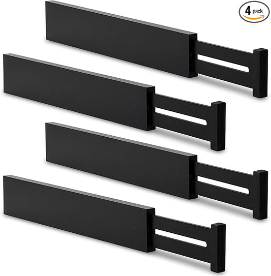 Utoplike 4 PCS Bamboo Drawer Dividers, Adjustable Black Drawers Organizers for Socks, Spring Loaded, Works in Kitchen, Dresser, Bathroom, Bedroom, Desk
